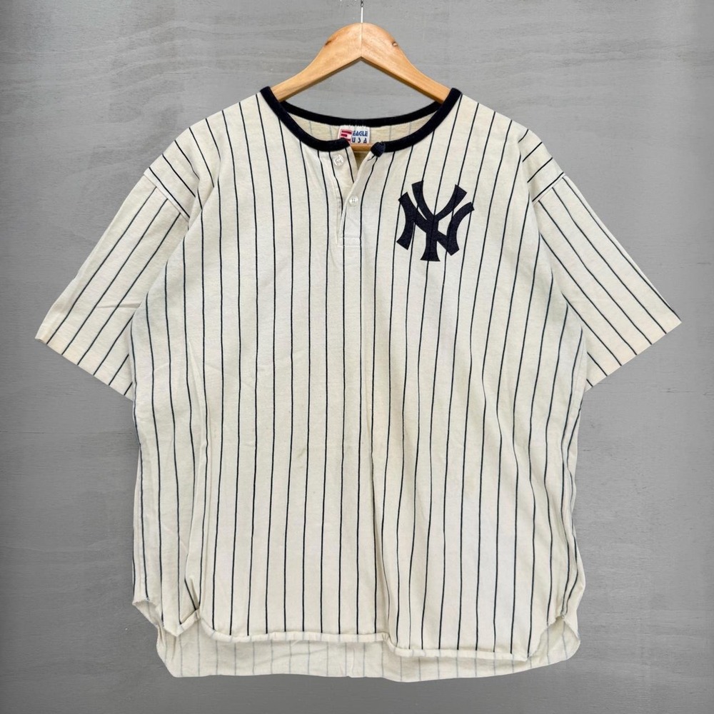Vintage Eagle USA NY Yankees Henley Shirt Jersey Cream Pinstripe USA 90s XL